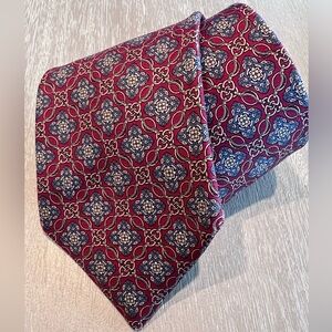 Christian Dior 100% silk maroon and blue mens geometric pattern tie